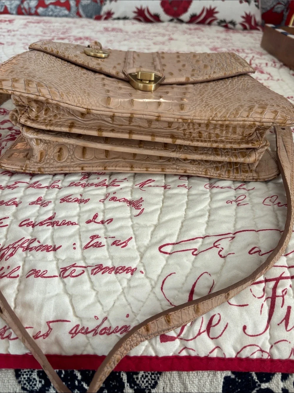 Brahmin Olivia Rose Tan Croc-Embossed Leather Satchel with Gold Hardware